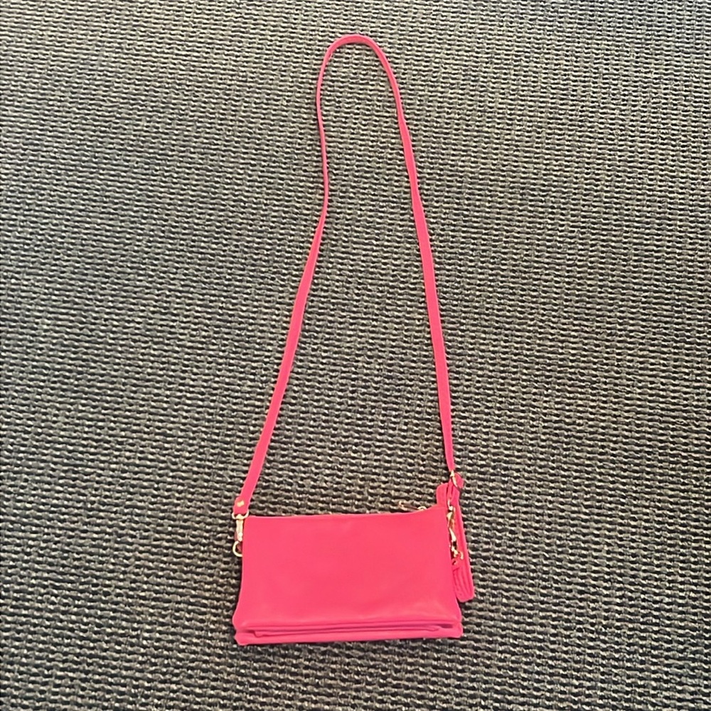 Hot Pink Pebbled Vegan Leather Crossbody Clutch Handbag - Picture 13 of 16